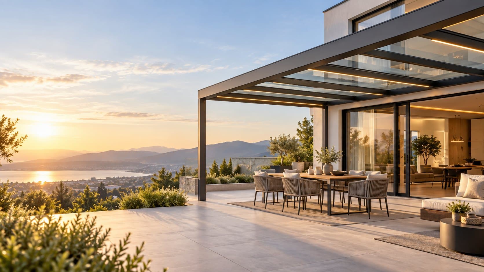 Terrassenüberdachung mit Glasdach und LED-Beleuchtung bei Sonnenuntergang